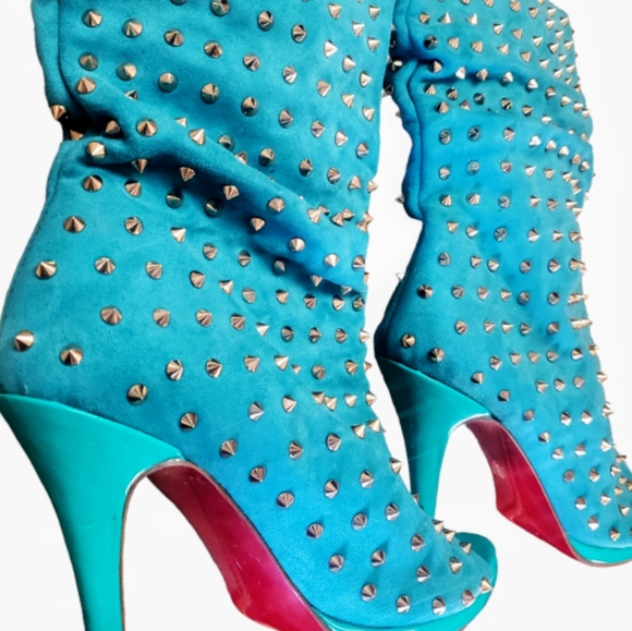 Designer Inspired Teal Studded Peep Toe High Heel Boots Size 42 - Picture 8 of 16